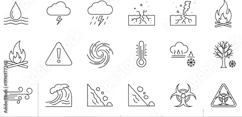 Flat natural disaster icon vector set with vibrant emergency and climate hazard symbols for news and safety app design