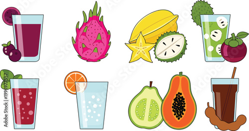 Exotic Fruit Drink Vector Set Featuring Dragon Fruit, Starfruit, Papaya, Guava, and Refreshing Juices for Tropical Beverage Illustrations