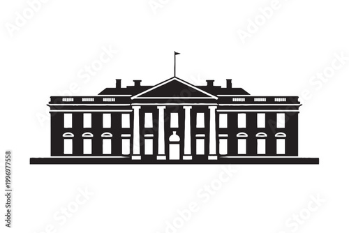 Neoclassical government building vector illustration, black and white mansion silhouette, presidential residence icon for political news and history
