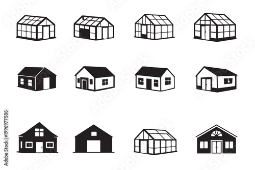 Greenhouse and garden shed icon set, 12 vector building illustrations, black and white glasshouse structures for agriculture and backyard landscaping