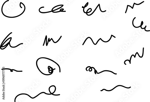 A collection of abstract wavy line illustrations, showcasing unique curves and energetic strokes in black on a white background, perfect for graphic design and creative projects