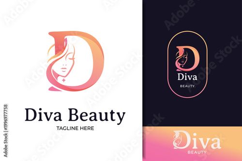 luxury monogram initial letter D silhouette of Face woman logo design	