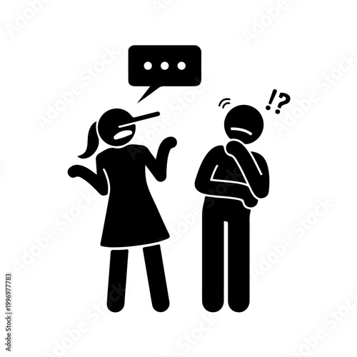 Woman lying to confused man icon stick figure illustration portraying deception and doubt.