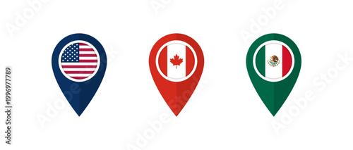 Location pin icon with flag of the USA, Canada and Mexico. Map marker or pointer with American, Canadian and Mexican flag