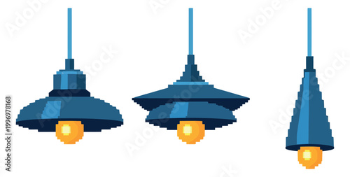 Pixel art pendant lamps set featuring three modern designs with glowing bulbs for interior decoration