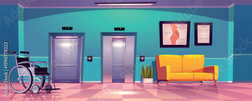 Hospital corridor with elevator and sofa