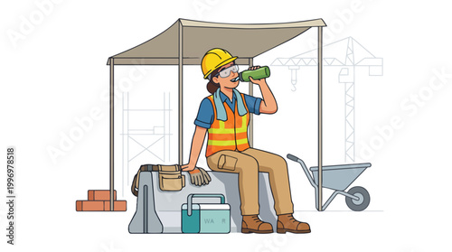 Female construction worker taking a break and drinking water under a canopy on a sunny day with construction cranes in the background