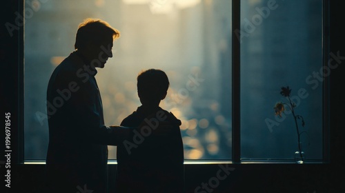 Father and son looking out window at sunset