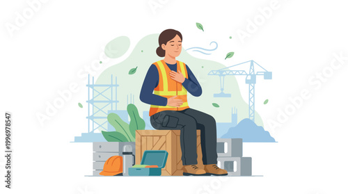 Female Construction Worker Taking a Break on Site Reflecting Amidst Building Scaffolding and Urban Development