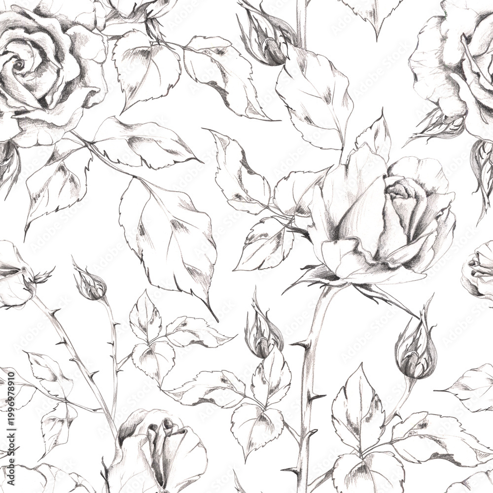 Fototapeta premium Vintage rose flowers, buds, leaves on straight stems with thorns, spikes. Seamless pattern illustration hand drawn in fine pencil sketch linework for fabric design, textile wallpaper, wrapping paper