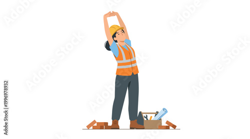 Female Construction Worker Stretching During Break Time Vector Illustration Showing Industry Professional Taking a Moment to Rest