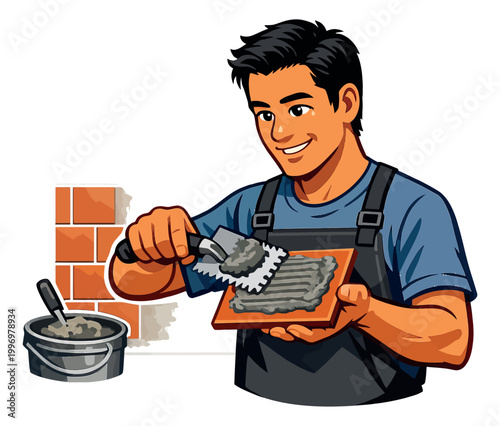 Cartoon illustration of a tiler depicting applying mortar to a ceramic tile for construction or home renovation work