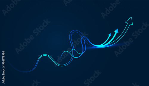 Multiple blue paths rise and fall before trending upward, representing the resilient growing nature of a successful digital business. and A cluster of blue digital arrows surge upward