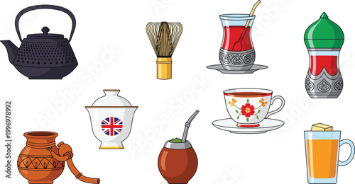 Global Beverage Vector Collection Featuring Traditional Tea Pots, Coffee Mugs, Yerba Mate, and Cultural Drink Containers for International Drink Illustrations