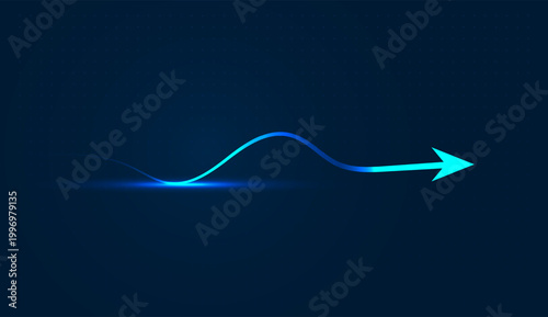 A sleek blue digital arrow weaves across a grid, illustrating a steady rise toward long-term economic success. and flowing blue path represents a growing digital trend