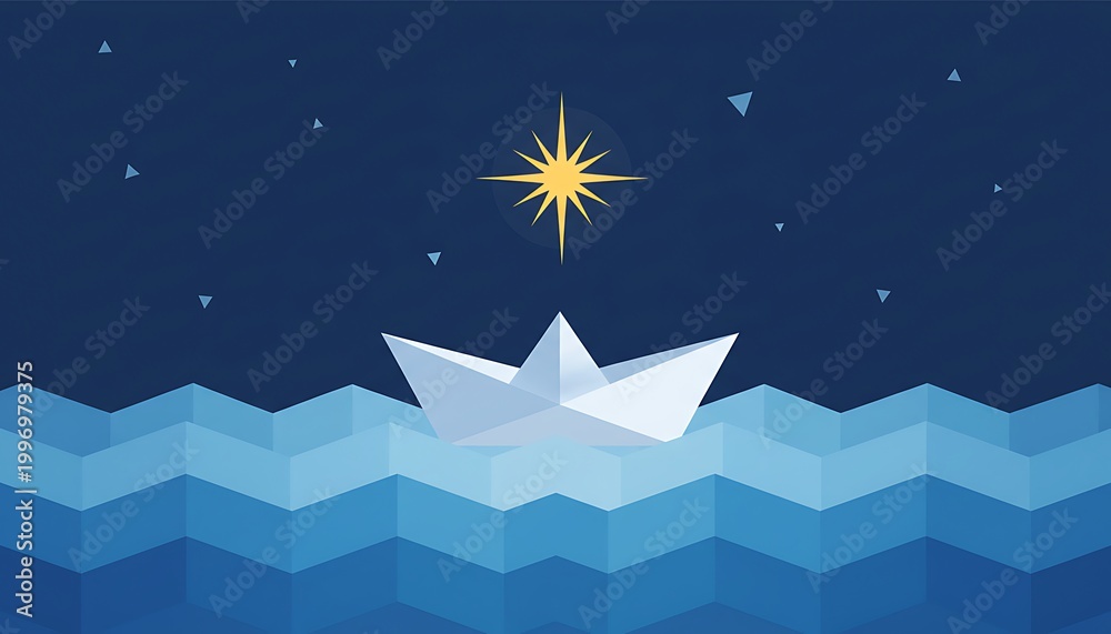 Obraz premium Symbolic geometric paper boat on ocean for hope and refugee day