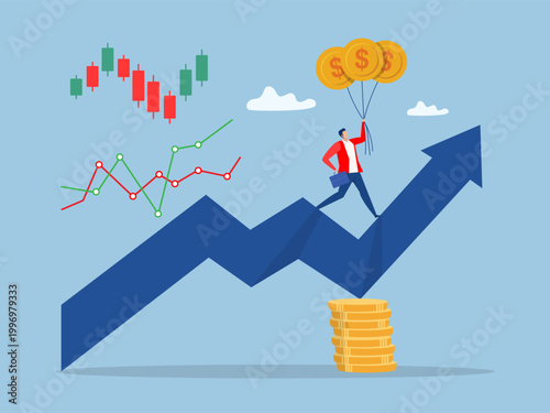 Businessman holding success flag on money stack.grow investment fund and reach goal, income or wealth accumulation, stock market earning concept,Flat illustration