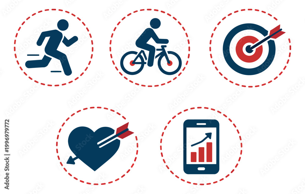 Fototapeta premium Modern flat icon set featuring a runner, cyclist, target with arrow, heart with arrow, and smartphone with growth chart for fitness, love, and business concepts