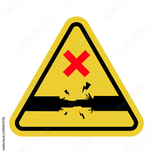 Exposed wire. Damaged cable. Hazardous area with broken insulation. High voltage. Risk of electric shock. Yellow warning triangle sign.