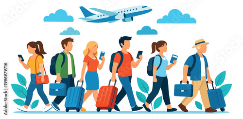 Flat design travelers set featuring diverse people walking with luggage and an airplane for international travel
