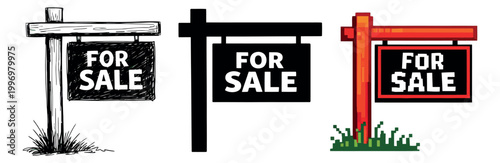Illustrative for sale signs set featuring hand drawn, silhouette, and pixel art designs for real estate and property advertising
