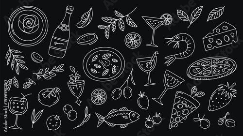 Mediterranean Italian food sketch set, whimsical hand drawn vector illustration, pasta, olive, pizza, cheese, tomato, lemon, and wine elements, dolce vita aesthetic line art for print, menus.