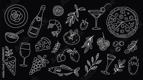 Mediterranean Italian food sketch set, whimsical hand drawn vector illustration, pasta, olive, pizza, cheese, tomato, lemon, and wine elements, dolce vita aesthetic line art for print, menus.