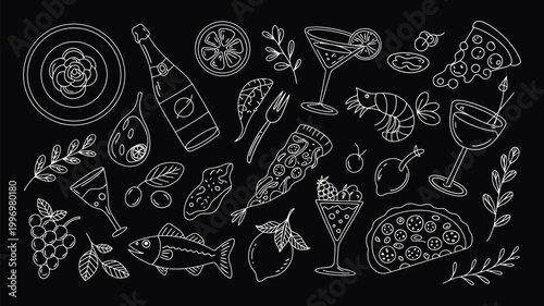 Mediterranean Italian food sketch set, whimsical hand drawn vector illustration, pasta, olive, pizza, cheese, tomato, lemon, and wine elements, dolce vita aesthetic line art for print, menus.