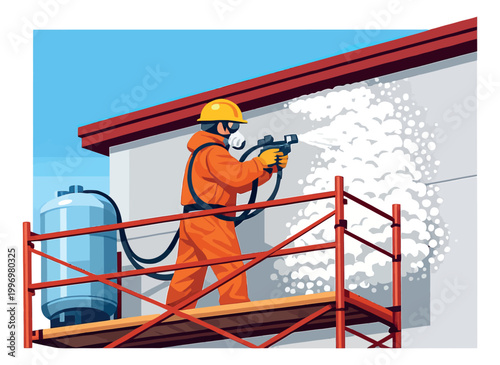 Flat vector illustration of a worker depicting spraying insulation foam for building renovation