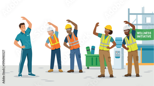 Diverse construction workers and a fitness instructor stretching together as part of a wellness initiative on a building site