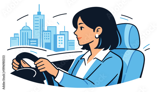 Modern line art illustration of a business woman depicting her driving a car for urban transportation
