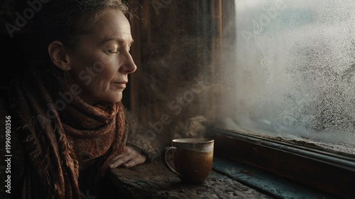 Woman looking out a frosty window with a warm drink