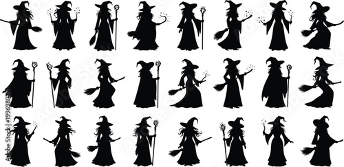 Artistic set of black vector silhouettes featuring fashion models, dancing people, and elegant women in dresses for a modern beauty and style design