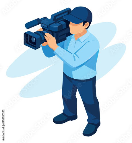 Isometric illustration of a cameraman depicting filming with a video camera for media production