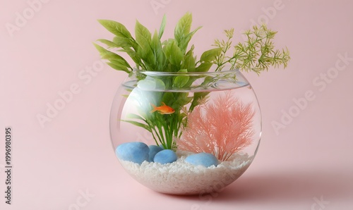 a small round shape aquarium, with real looking greens and cora