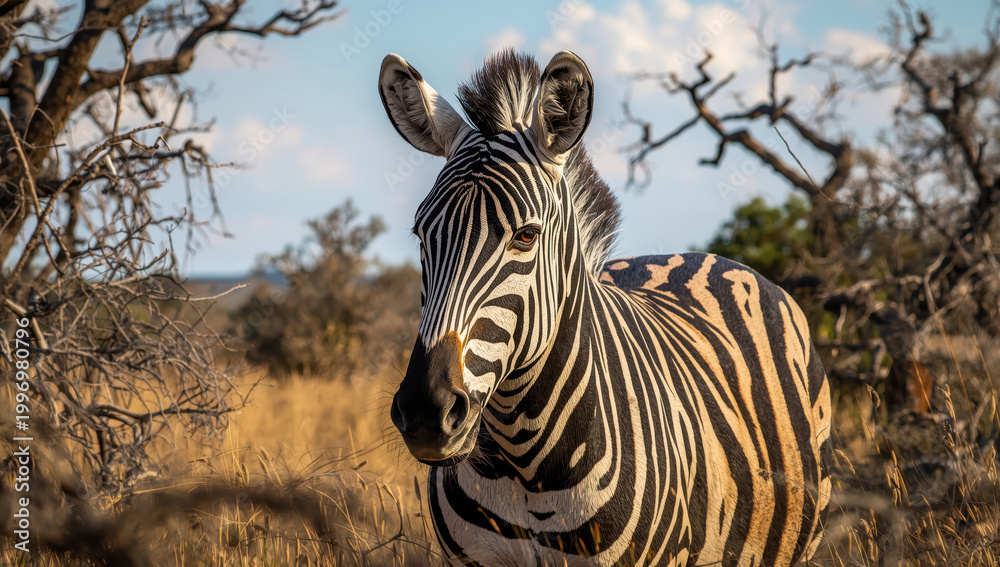 Fototapeta premium Zebra standing in golden grassland with acacia trees and dramatic sky at sunset
