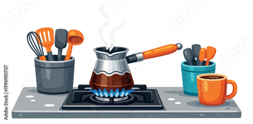 Cartoon style kitchen elements set featuring a coffee pot on a gas stove, a coffee cup, and various kitchen tools for home cooking and breakfast