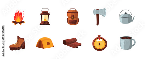 Camping Adventure Equipment Icon Set with Outdoor Gear Elements Flat Style Illustration