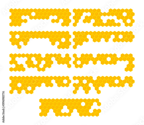 Set of honeycomb border collection. Decorative honeycomb pattern banner. Dripping honey liquid.Golden hexagon cells texture.Sweet natural honey theme. Isolated on white background vector illustration.