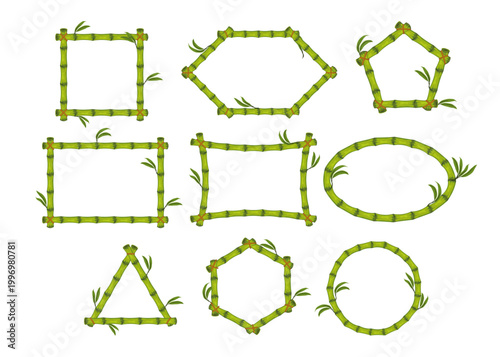 Set of green jungle bamboo frames border designs various shapes collection. Wooden plank. Cartoon jungle borders with green bamboo sticks and leaves. Vector illustration. Isolated on white background.