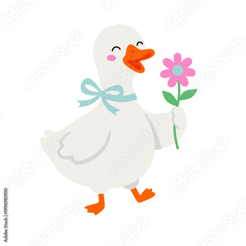 Goose with Flower Vector Cute Spring Illustration