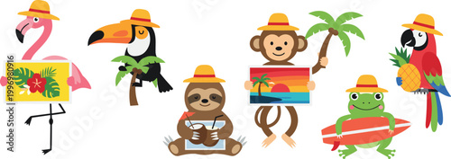 Tropical Animal Characters Vector Set with Flamingo, Toucan, Monkey, Sloth, Frog, and Parrot Wearing Hats and Holding Beach Items for Summer, Vacation, and Beach Party Illustrations