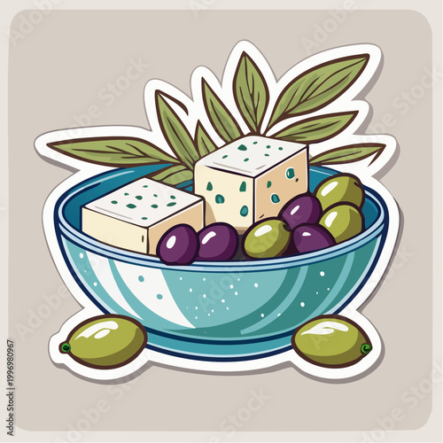 Feta Cheese and Olives in a Bowl with Olive Branches