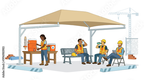 Construction Workers Taking a Break Under Shade Canopy on a Summer Day at an Industrial Site