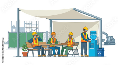 Construction workers taking a break under a canopy at a job site with a water cooler and excavator in the background