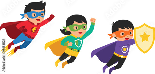 Superhero Kids Character Set with Capes, Masks, Shields, and Powers for Fantasy, Superhero, and Kids Adventure Designs
