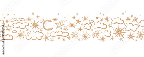 Celestial star border, golden crayon moon, simple elegant endless border. Dream shiny space element for fantasy illustration project. Magic kids scribble school print. Vintage hand drawn sky