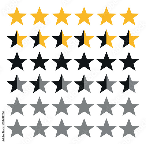 Modern graphic star rating icons set featuring filled, half-filled, and empty yellow and gray stars for product and service feedback