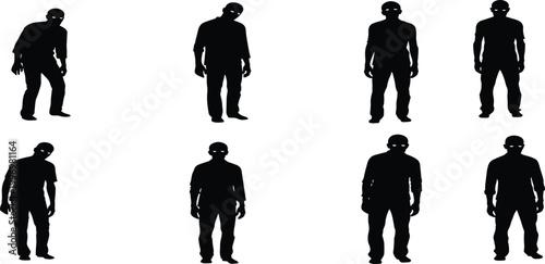 A professional vector illustration of a diverse group of business people silhouettes including a businessman and woman in suits standing and walking as a team in an office work environment
