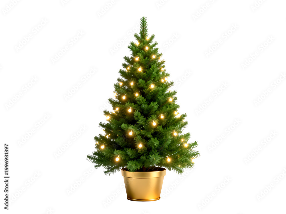 Fototapeta premium [Transparent Background PNG]Christmas Tree with Lights in Gold Pot on White Background